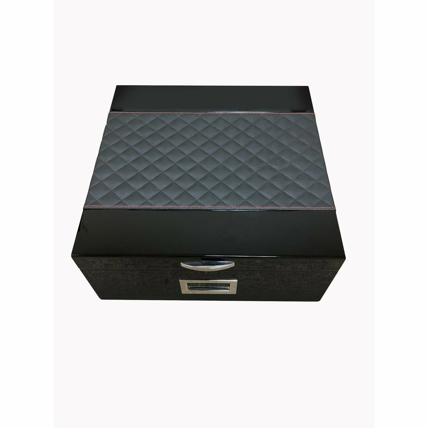 Hampton200 Ct. Lacquer Humidor w/ Diamond Stitched Leather Top (Black w/ Red Detail)-Humidors-Wine Whiskey and Smoke