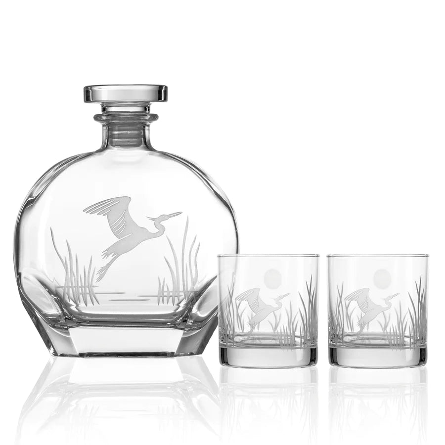 Rolf Glass Heron 3 Piece Gift Set - Whiskey Decanter and Rocks Glasses-Rolf Glass-Wine Whiskey and Smoke
