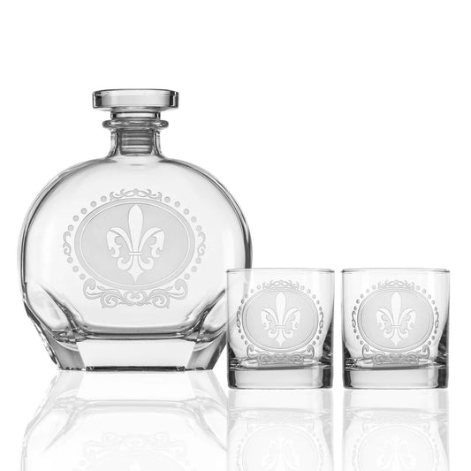 Rolf Glass Royal Fleur de Lis 3 Piece Gift Set - Whiskey Decanter and Rocks Glasses-Rolf Glass-Wine Whiskey and Smoke