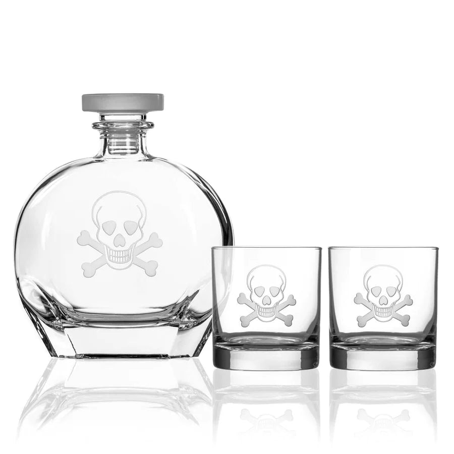 Rolf Glass Skull and Crossbones 3 Piece Gift Set - Whiskey Decanter and Rocks Glasses-Rolf Glass-Wine Whiskey and Smoke