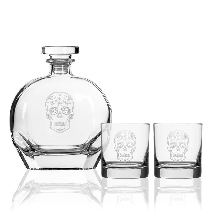 Rolf Glass Sugar Skull 3 Piece Gift Set - Whiskey Decanter and Rocks Glasses-Rolf Glass-Wine Whiskey and Smoke